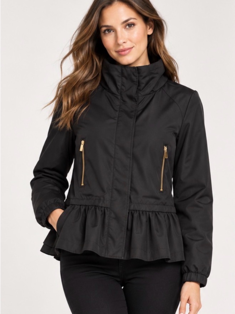 Zara Black Peplum Utility Jacket with Gold Zippers